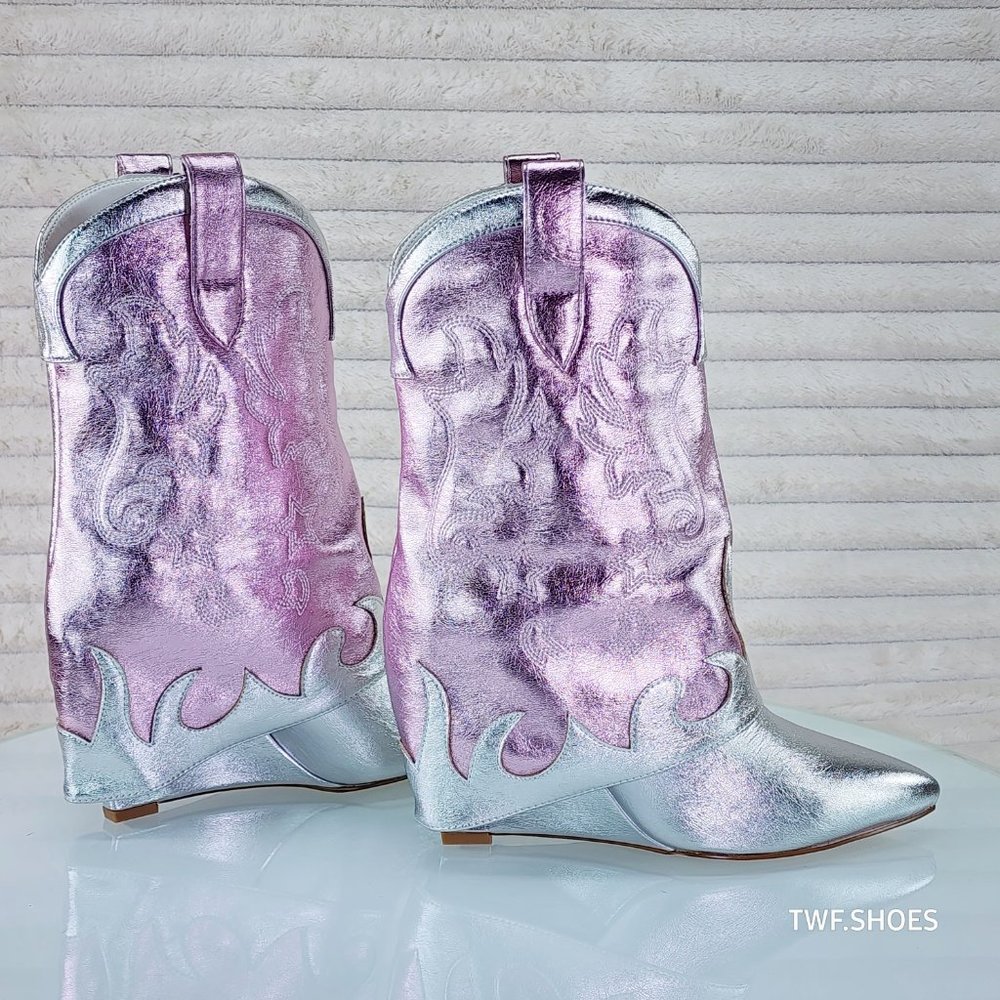 Show Off By Azalea Wang Silver Metallic Fold Over Western Wedge Ankle Boots - Picture 1 of 10